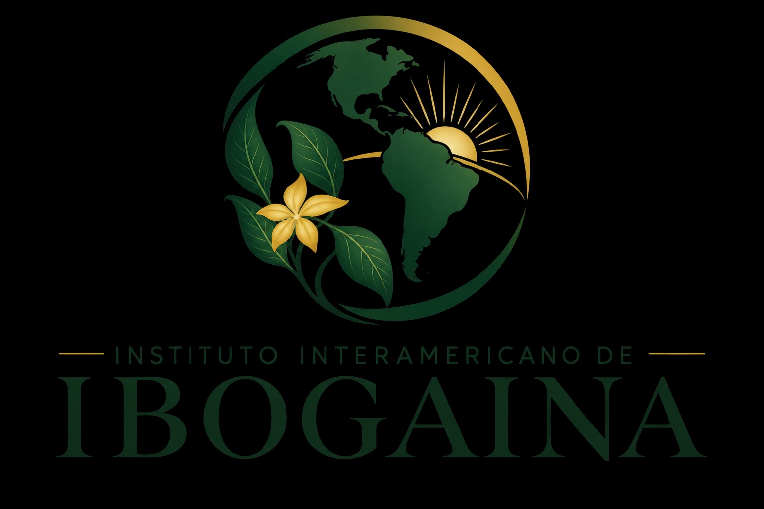 Sociedad Panamericana de Ibogaína, emblema con las Américas, planta de iboga y amanecer